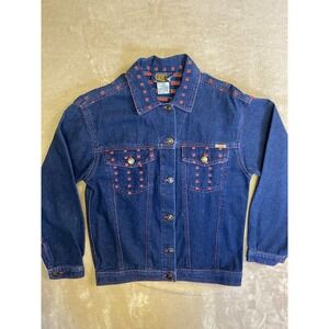 T.C.F.S Jacket Womens Medium‎ Blue Denim Embroidered Apple Pattern Farmhouse